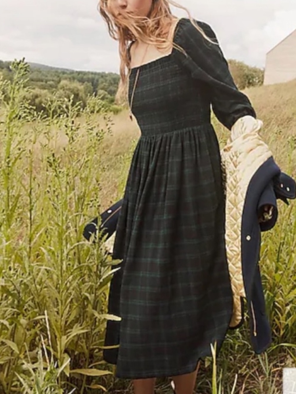 J Crew Smocked Puff-Sleeve Dress Black Watch Tartan Flannel Small